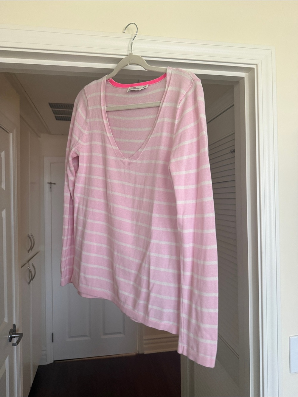 Vineyard Vines Pink and White Striped V-Neck Long Sleeve Top